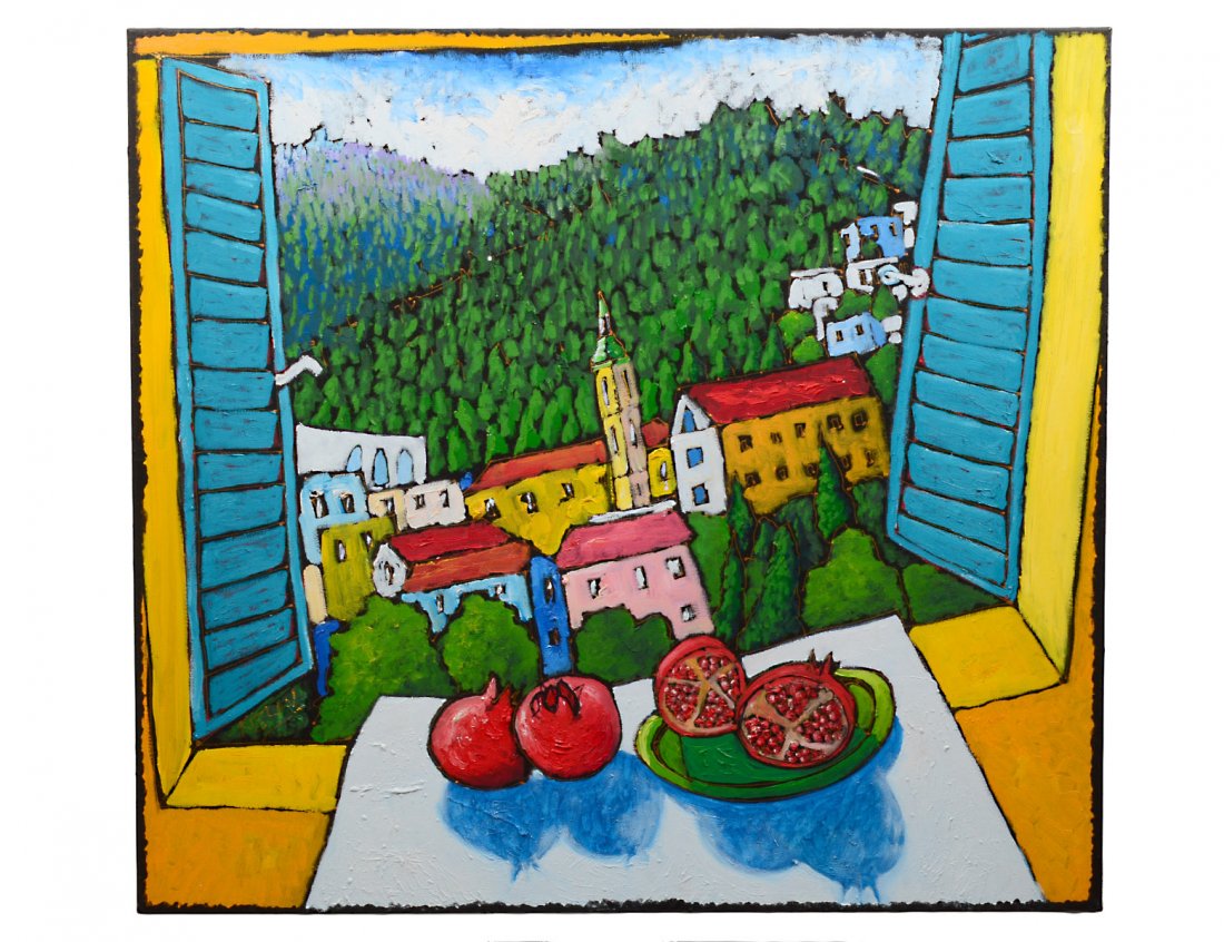 JONATHAN KIS-LEV (Israeli. Born 1985): "A View of Ein Kerem". Signed l/r. Verso signed, titled and dated 2008-10. Oil on Canvas. Measuring 35" by 38 3/4". Unframed. (Cond: good) (1000/1500)