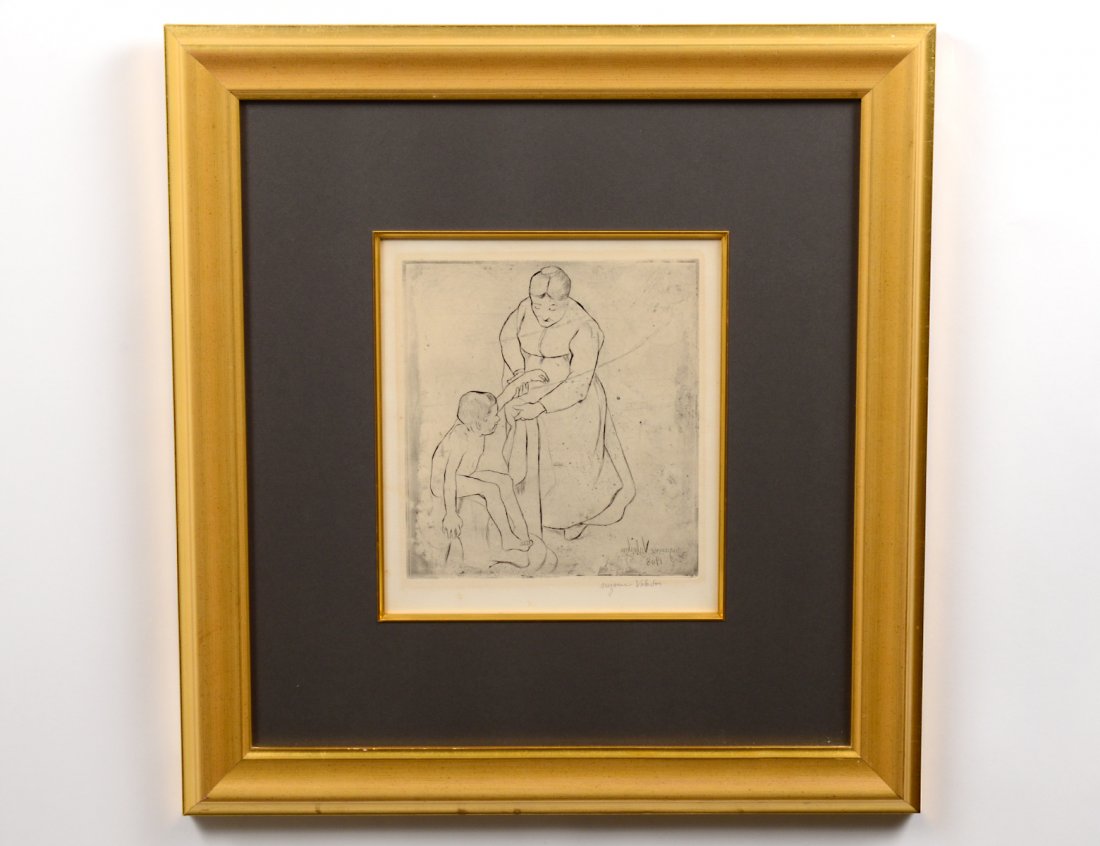 SUZANNE VALADON (French. 1865-1938): "Gand Mere et Enfant". Signed in pencil in l/r margin. Signed and dated 1908 in the plate l/r. Etching. Image measuring 9 1/4" by 8 1/4". Gilded frame behind glass. (Cond: has margins, some toning wit
