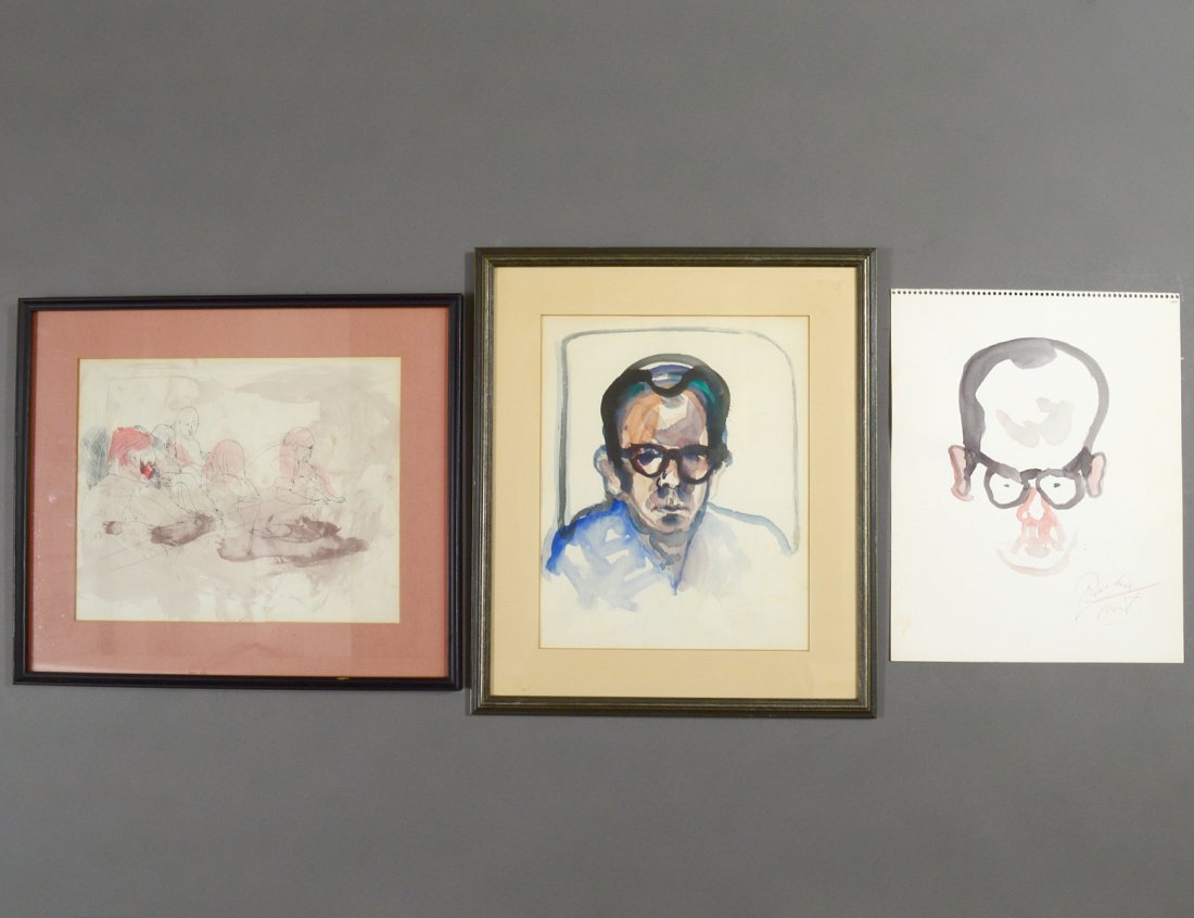 NOEL ROCKMORE (American. 1928-1995): Three Watercolor Paintings. Two "Portraits of Mort" and "People at Bar". All signed. Each measuring approximately 13" by 10". Together with a signed and inscribed catalog from the Artist's Jerusalem E