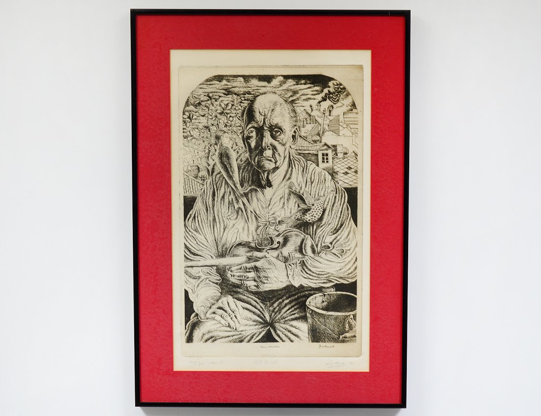 NOEL ROCKMORE (American. 1928-1995): "Bill Russell". Signed, dated '71, titled, #20/4 and inscribed "Imp R" in pencil. Etching. Signed in the plate. Image measuring 14 1/2" by 9 5/8". Sheet measuring 17 1/2" by 10 3/4". Framed behind gla