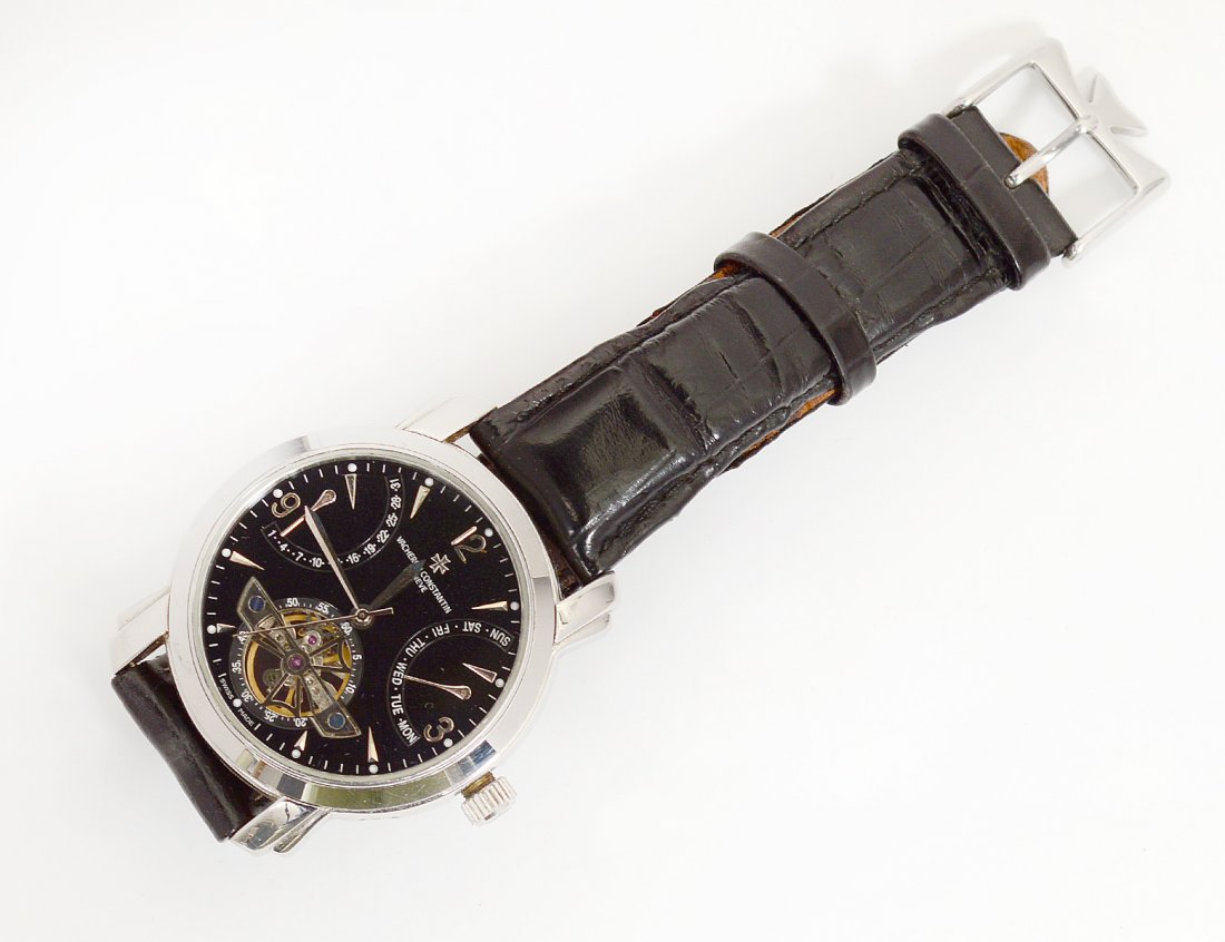 REPLICA VACHERON CONSTANTIN MEN'S WRISTWATCH: Spurious marks. With day and date dial and open back. (100/150)