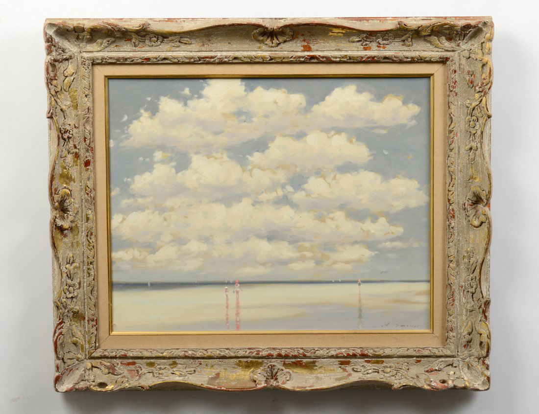 ANDRE GISSON (American. 1921-2003): "Beach Scene". Signed A. Gisson l/r. Oil on Canvas. Measuring 16" by 20". Framed. (Cond: good, surface fine, no inpainting apparent under u.v. light) (1200/1600)