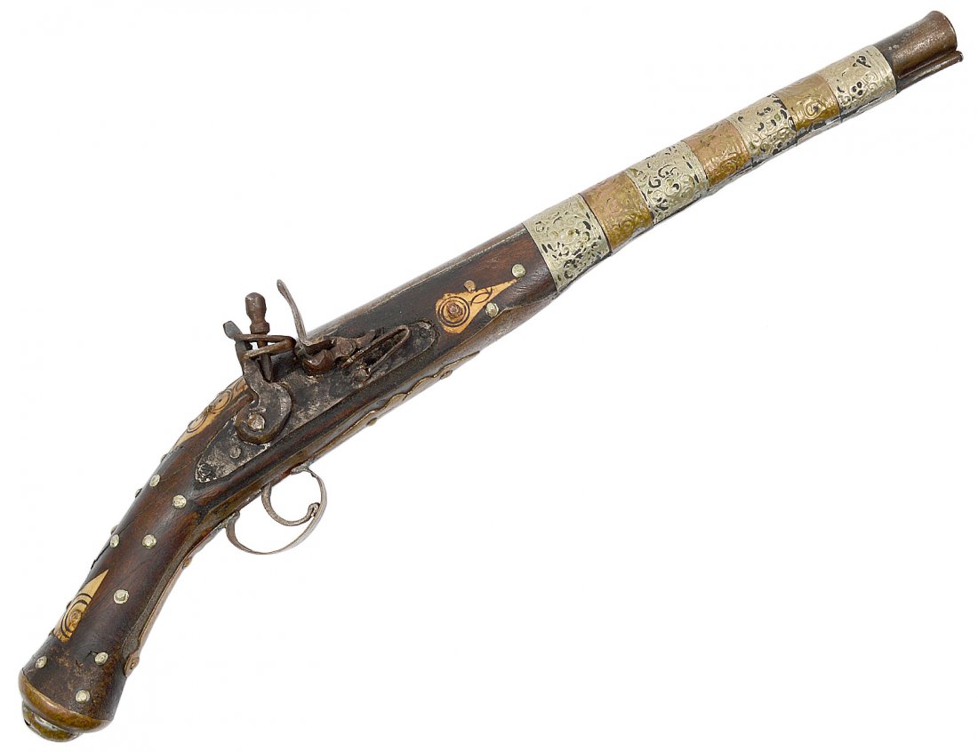 ANTIQUE METAL MOUNTED AND BONE INLAID FLINTLOCK PISTOL: Turkish. Length 21 1/2". (200/300)