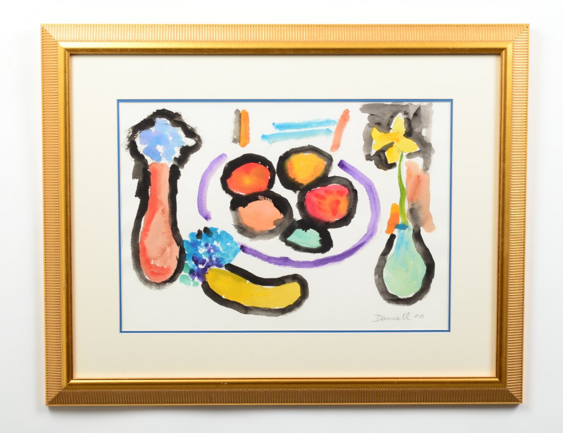 GEORGE DANIELL (American. 1911-2002): "Still Life, Fruit". Signed Daniell and dated '00 l/r. Watercolor. Measuring 13 1/2" by 19 1/2". Framed. (250/350)