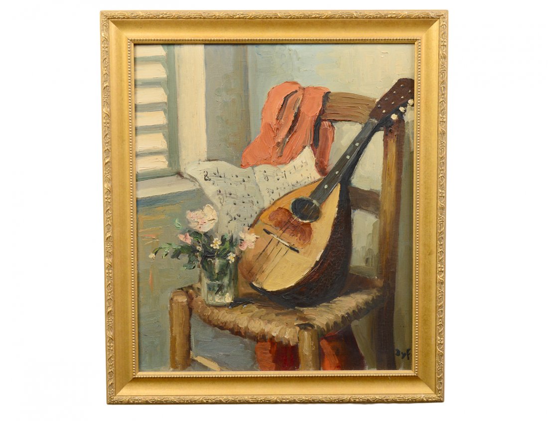 MARCEL DYF (French. 1899-1985): "Still Life, Articles on a Chair". Signed Dyf l/r. Oil on Canvas. Measuring 21 5/8" by 18 1/4". Framed. (Cond: minor inpainting in mandolin, cracquelure) (2000/3000) Provenance: Arthur James Galleries