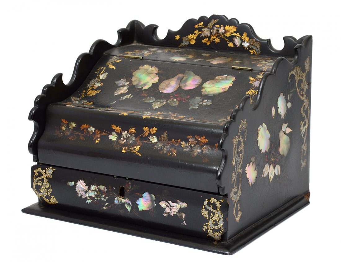 VICTORIAN MOTHER-OF-PEARL INLAID PAPIER MACHE LETTER: English. 19th Century. With removable lap desk. Length 11". (200/300)