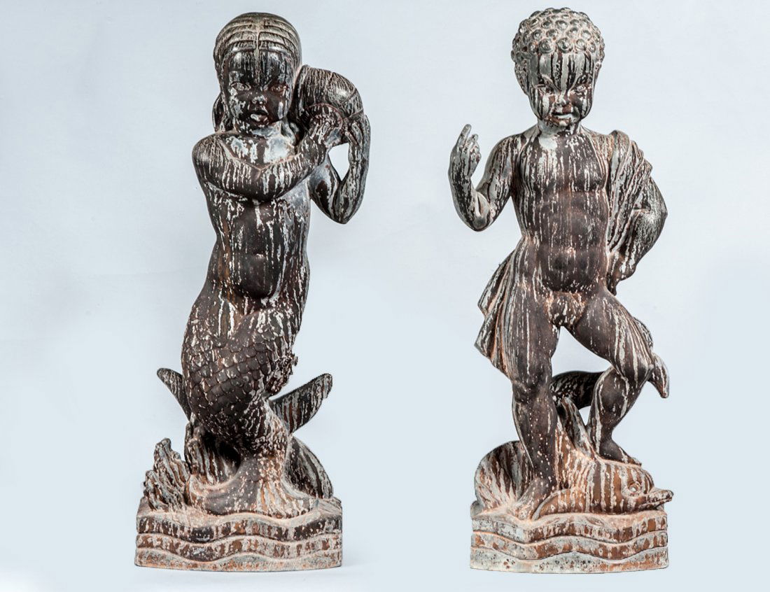 WHEELER WILLIAMS (American. 1897-1962): "Neptune and Amphitrite". Signed, dated 1939 and No. 52 and 62. Pair of Lead Figures. Height 32 1/2". (Cond: Neptune's spear missing) (5000/7000)