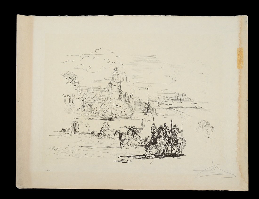 SALVADOR DALI (Spanish. 1904-1989): "Road to Ampurdam (Rome & Cadaques)". Signed in pencil l/r margin. Etching on Japon. Circa 1973. Measuring 17" by 23". Unframed. (Cond: has staining to the margins and old tape stains, will need resto