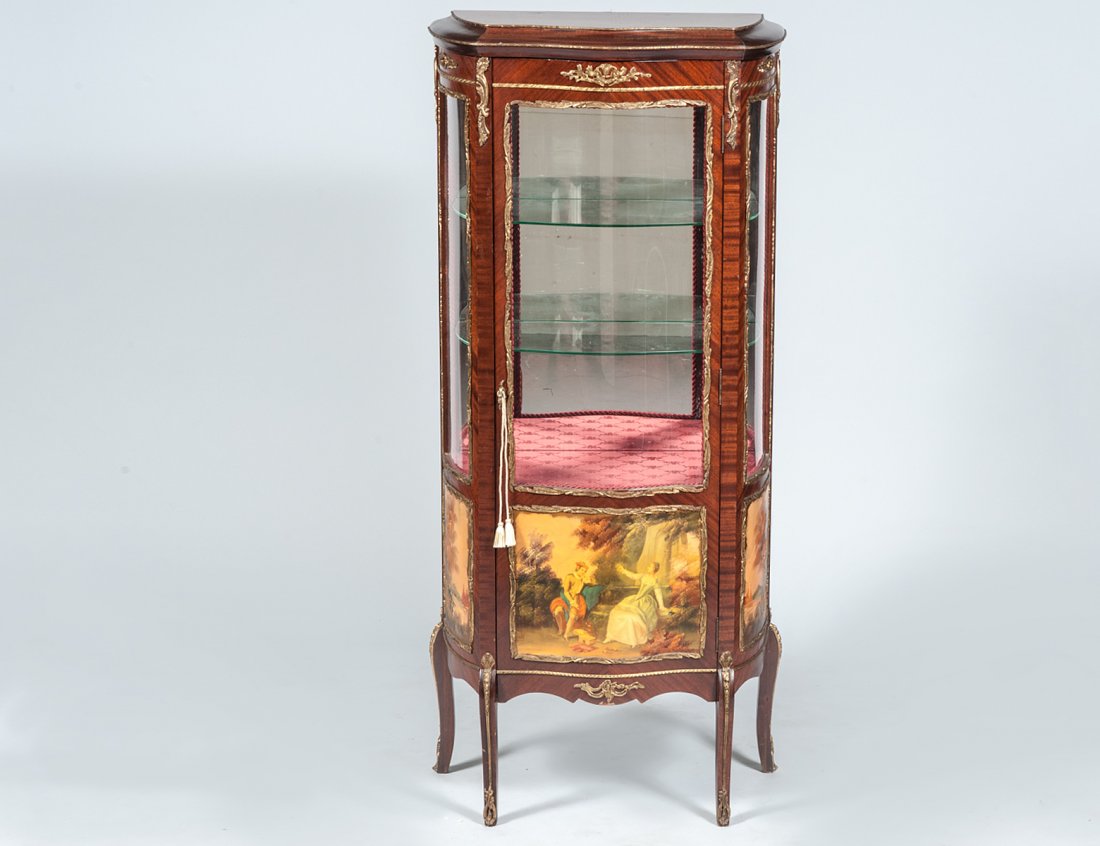 VERNIS MARTIN STYLE MAHOGANY CURIO CABINET: With three-quarter length glazed door and sides, raised on cabriole legs. Height 59 1/4". Width 26 1/2". Depth 14". (400/600)