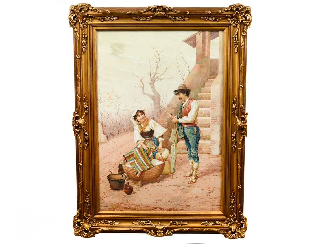 FILIPPO INDONI (Italian. 1842-1908): "Peasant Couple Courting". Signed Indoni l/r. Watercolor on Paper. Sight-29 1/2" by 20". Gilded frame, under Plexiglas. (4000/6000)