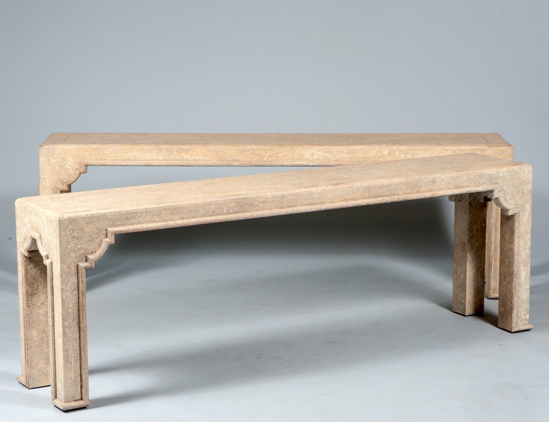 PAIR OF CONTEMPORARY PAINTED SOFA TABLES: Height 24 1/2". Width 72". Depth 14". (300/400)