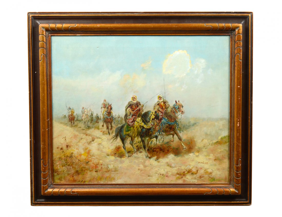 MANNER OF ADOLF SCHREYER (French/German. 1828-1899): "Arabian Horsemen". Signed l/r. Oil on Canvas. Measuring 20" by 23 1/2". Framed. (Cond: original canvas, some yellowing to varnish) (500/700)
