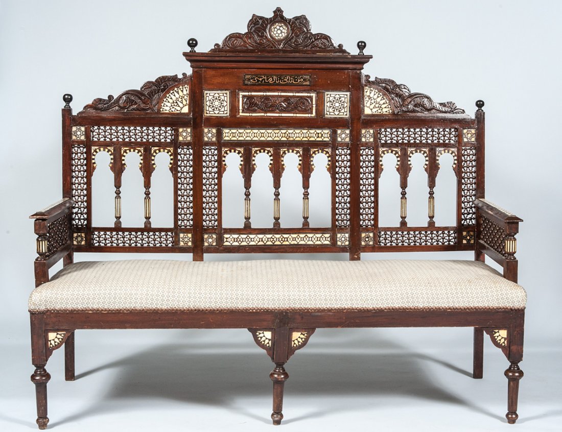 FOUR PIECE MOTHER-OF-PEARL AND BONE INLAID SALON SET: Moroccan. Circa 1880. Comprising: sofa, arm chair and two side chairs. (4000/5000)