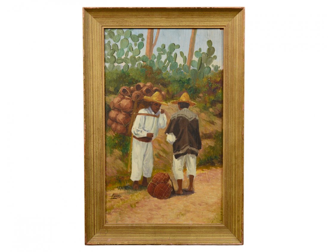 EDUARDO MORALES (Cuban. 1869-1938): "The Travelers". Signed Morales and dated 1934 l/l. Oil on Board. Measuring 19 1/2" by 11 3/4". Framed. (Cond: some crazing, small chip in u/r corner) (300/500)