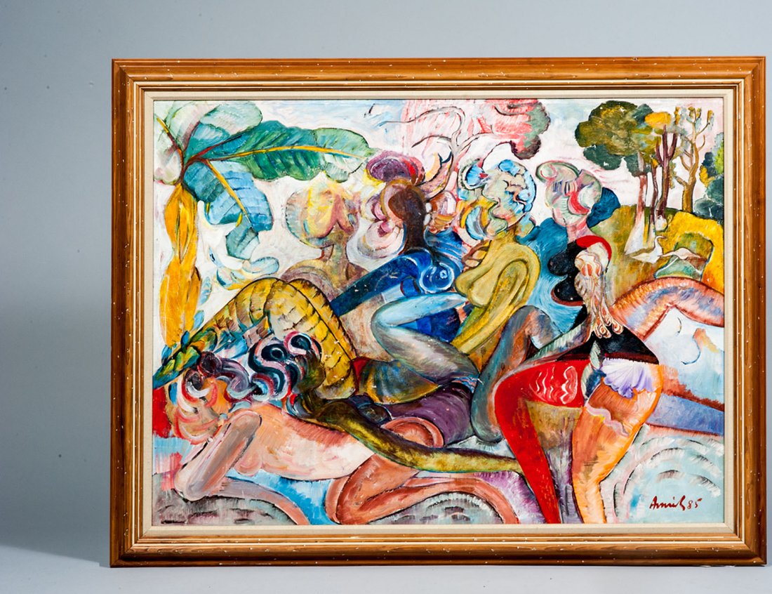 AVINASH CHANDRA (Indian. 1911-1994): "Raginis (Consorts)". Signed "Avinash" and dated '85 l/r. Verso bears artist's name, title, year 1985 and inscribed "London U.K.". Oil on Canvas. Measuring 36" by 48". Framed. (Cond: good) (10000/1500