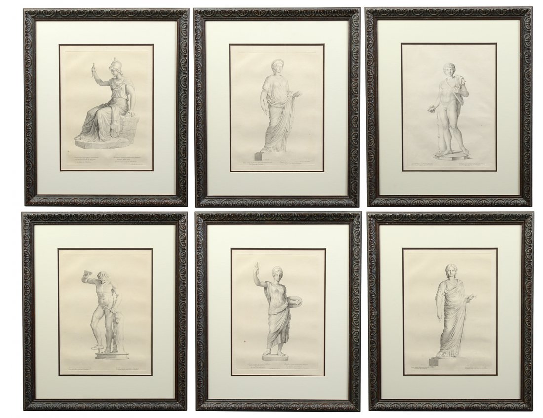 AFTER CLAUDE MELLAN (French. 1598-1688): Each depicting antique statuary Set of Six Re-strike Engravings. Measuring 15 3/4" by 11". All in matching frames. (Cond: some minor foxing) (300/400)