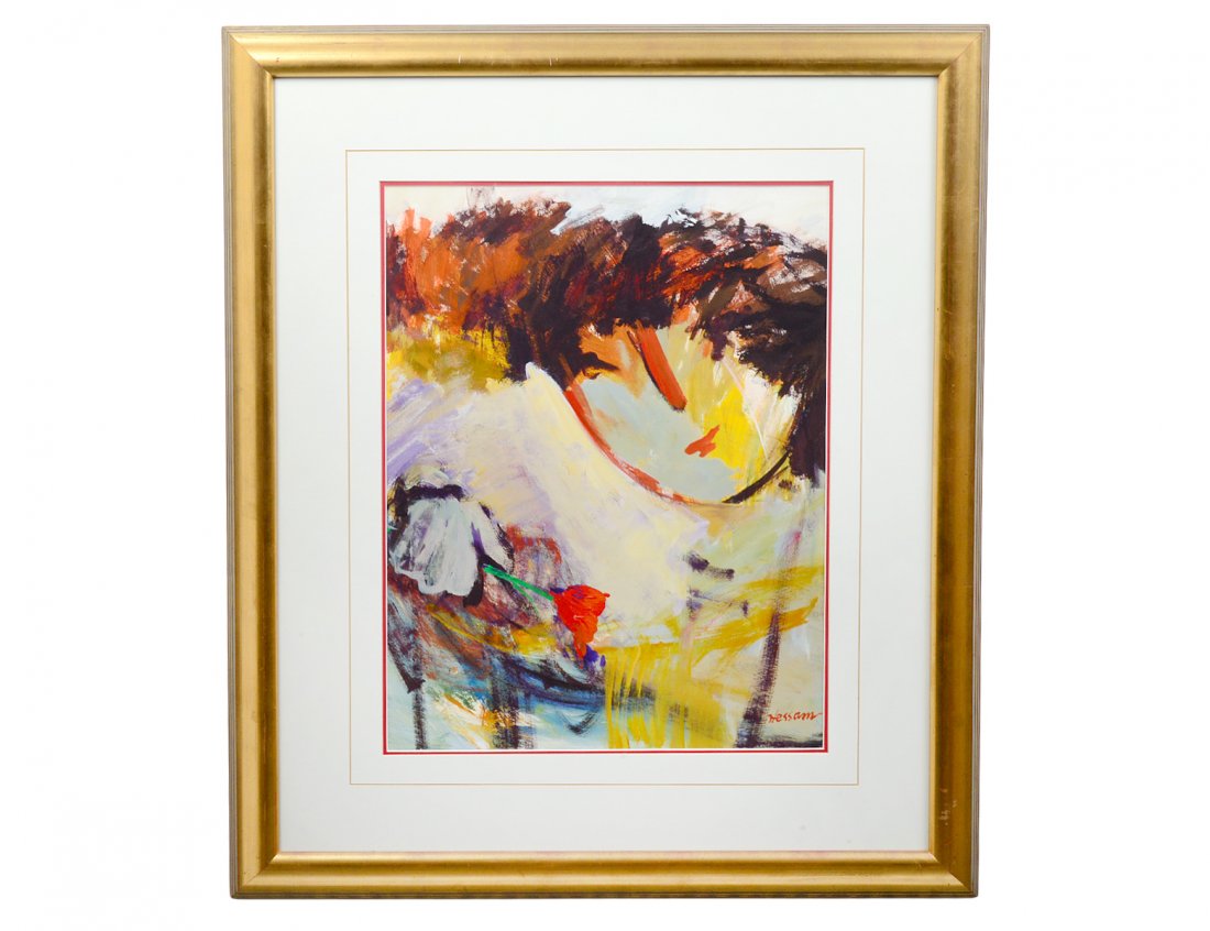 HESSAM ABRISHAMI (Iranian. Born 1951): "Head of a Figure with Rose". Signed l/r. Acrylic on Paper. Measuring 25 1/2" by 19 1/2". Framed and matted behind glass. (500/700)