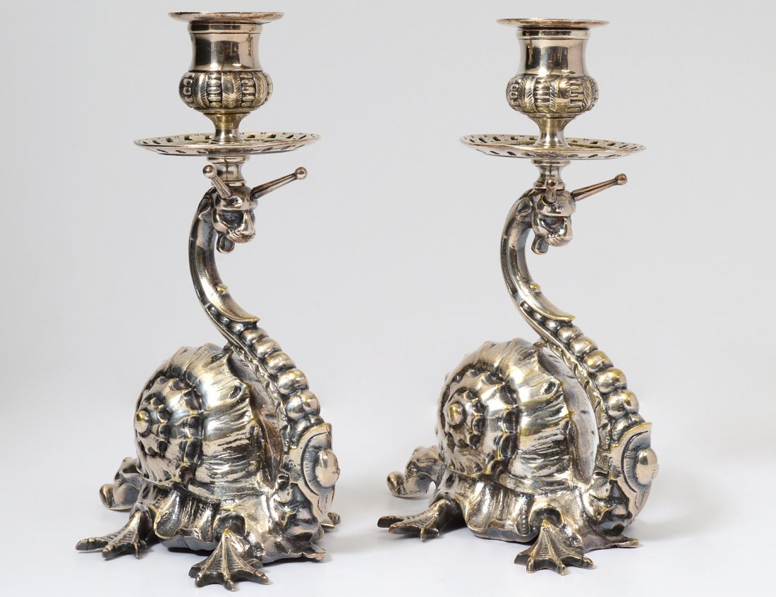 PAIR OF SILVERED METAL "SNAIL" CANDLE HOLDERS: In the manner of Buccellati. Height 7 3/8". (200/300)