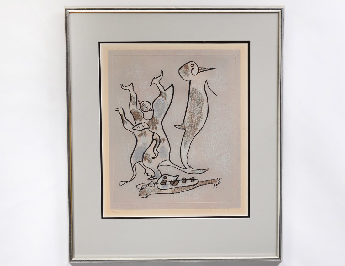 MAX ERNST (German. 1891-1976): "Untitled". Signed l/r and numbered 19/100 l/l. Lithograph. Sight measuring 19 1/2" by 16". Image measuring 16" by 13". Chrome frame under glass. (Cond: some toning with mat burn) (500/700)