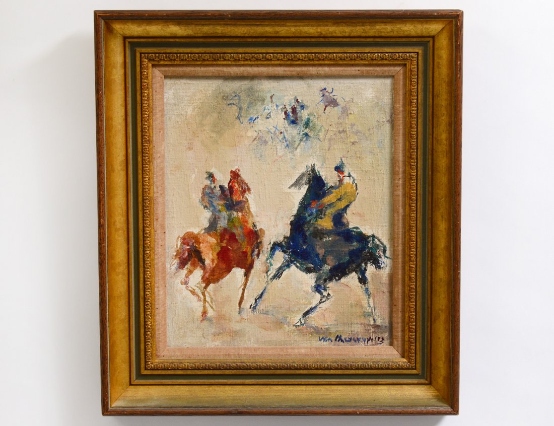 WILLIAM MEYEROWITZ (American. 1887-1981): "Horse Riders". Signed l/r. Oil on Canvas. Measuring 10" by 14". Gilded frame. (300/400)