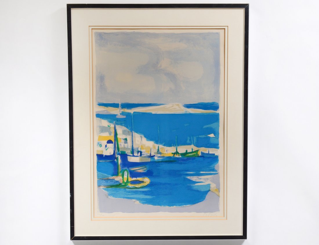MARCEL MOULY (French. 1918-2008): "Boats". Signed l/r and numbered 137/150 l/l. Lithograph. Measuring 24 1/2" by 17". Chrome frame under glass. (100/200)