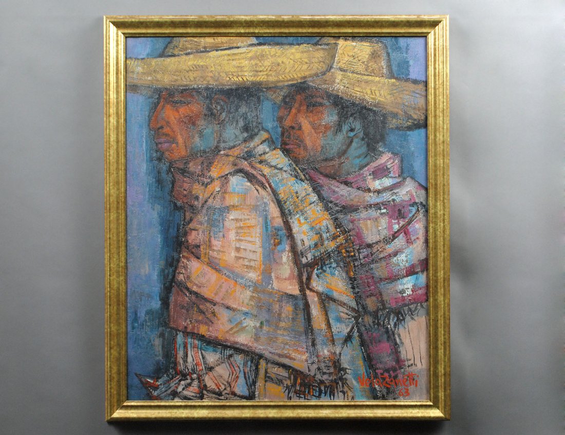 JOSE VELA ZANETTI (Spanish. 1913-1999): "Two Men in Sombreros". Signed "Vela Zanetti" l/r and dated '63. Verso bears period artist's label tipped to canvas. Oil on Canvas. Measuring 28 3/4" by 23 3/4". Framed. (Cond: good) (4000/6000)