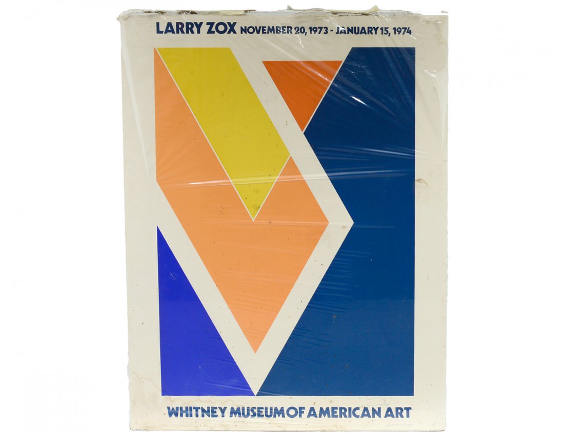 EXHIBITION POSTER: Larry Zox, Nov. 20, 1973 - Jan. 15, 1974 Whitney Museum of Art". Signed "Zox" in pencil l/r. Measuring 40" by 30". Published by Posters Originals, Ltd. (Cond: some foxing and water damage) (50/100)