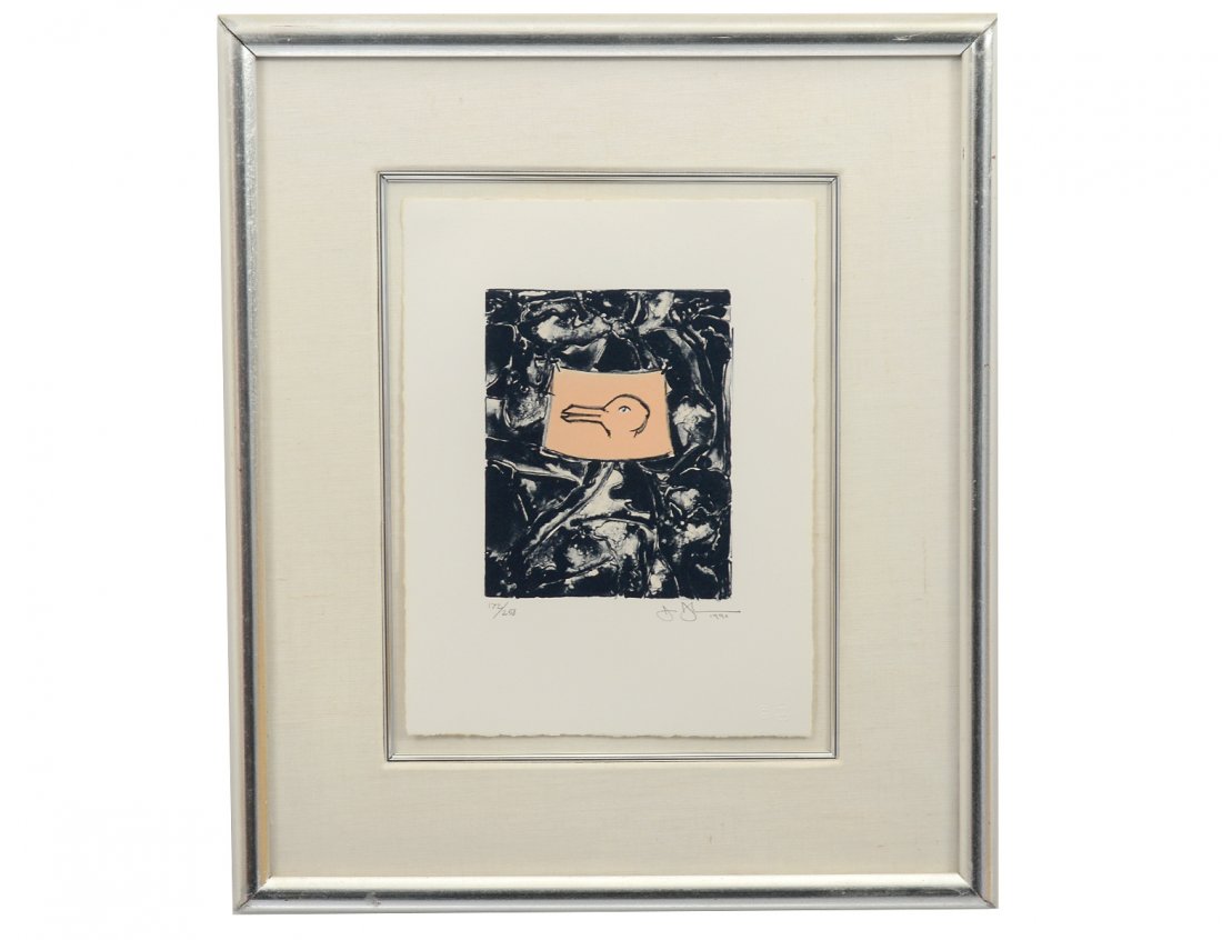 JASPER JOHNS (American. Born 1930): "Untitled". (For Harvey Grant). Signed, dated 1990 and numbered 172/250 l/r. Lithograph. Sight measuring 10" by 8". Image measuring 6" by 5". Framed under glass. (Cond: good)(1000/1500)