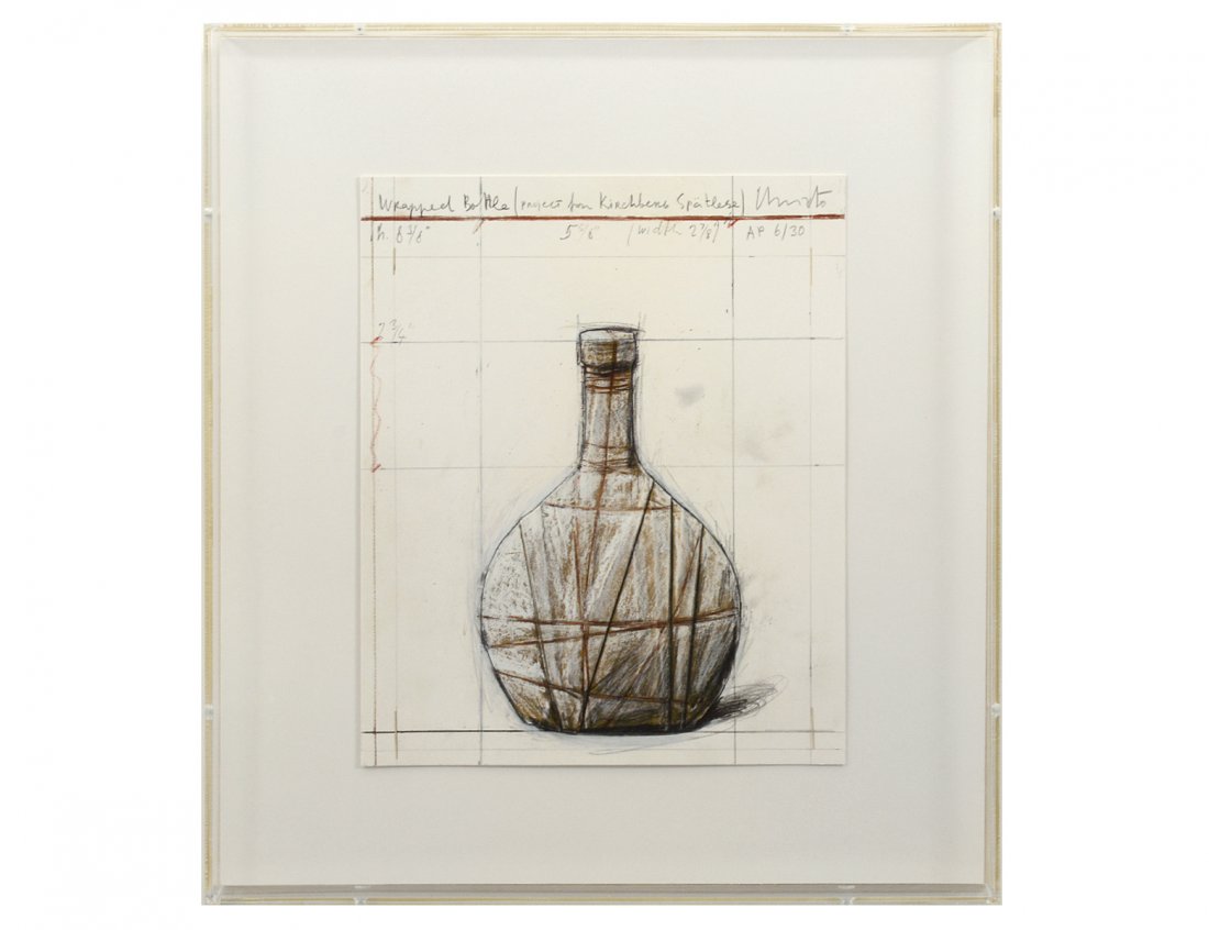 CHRISTO (Bulgarian. Born 1935) AND JEANNE-CLAUDE: "Wrapped Bottle". (Project for Kirchberd Spatlese. 2007) Signed and numbered AP 6/30 u/r. Lithograph and Collage on Paper. Measuring 12 1/2" by 9 1/2". Framed. (2000/2500)