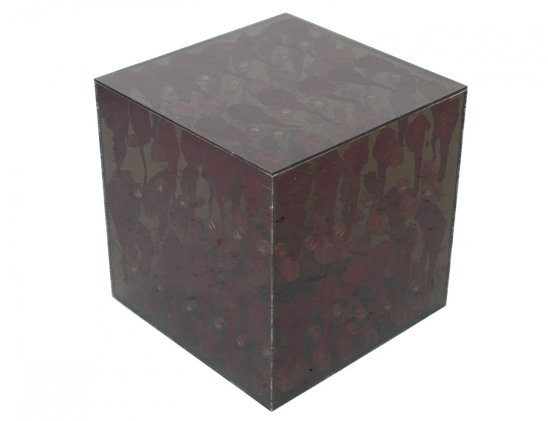 ARMAN (French. 1928-2005): "Untitled" Table. Signed and numbered 8/25 on base. Mixed Media and Plexiglas. Height 18". Width 18". Depth 18". (Cond: minor scratching) (500/700)