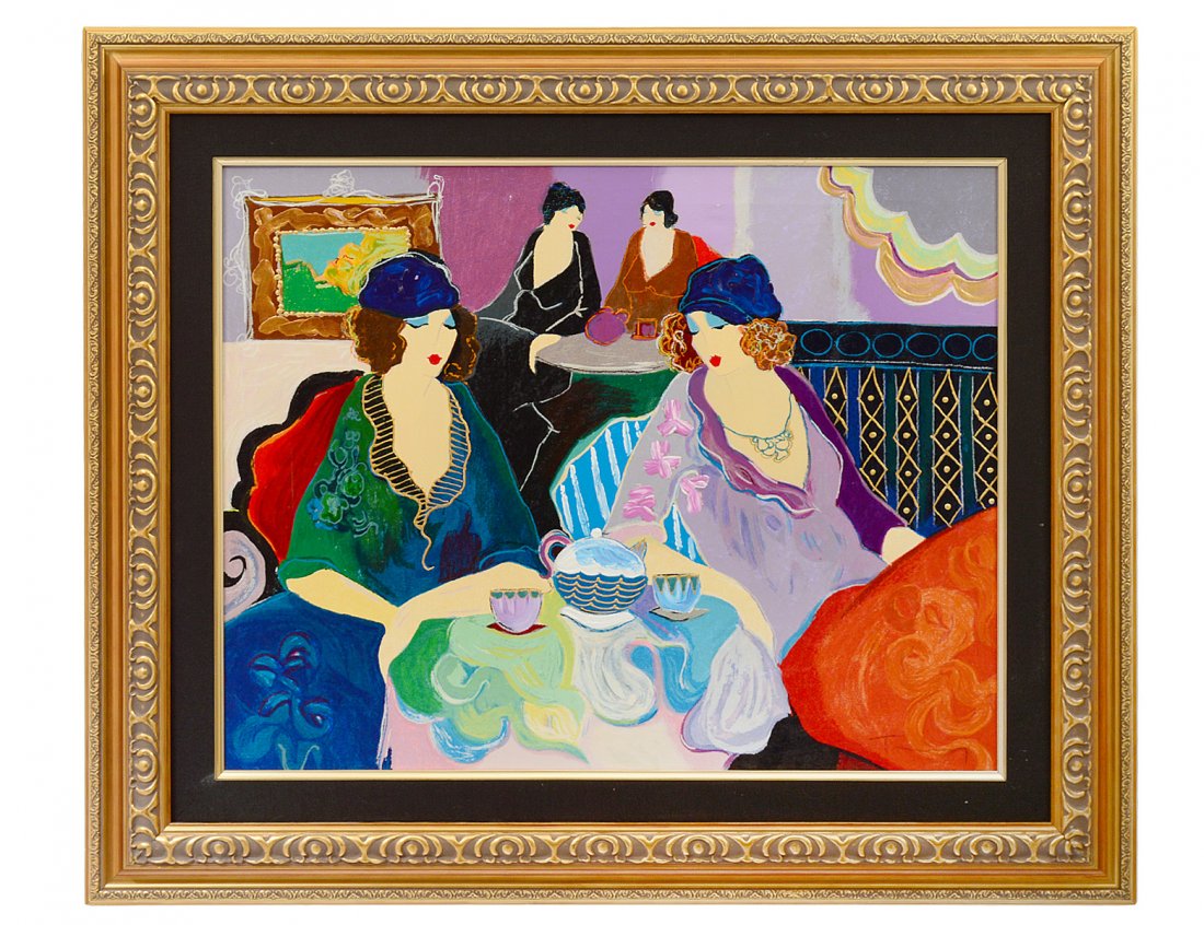 ITZCHAK TARKAY (Israeli 1935-2012): "Sisters at Tea". Signed l/r, dated 1998 and numbered 66/100. Serigraph in Color with Hand Embellishment on Canvas. Measuring 21 1/2" by 27". Framed. (Cond: good) (1000/1500) Provenance: Park West Gal