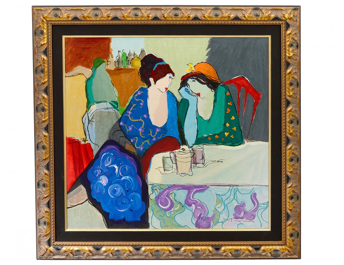 ITZCHAK TARKAY (Israeli 1935-2012): "Evening Chat". Signed l/r and numbered 19/100. Acrylic Painting Over Serigraph in Color on Linen. Measuring 27" by 28". Framed. (Cond: good) (1000/1500) Provenance: Park West Gallery
