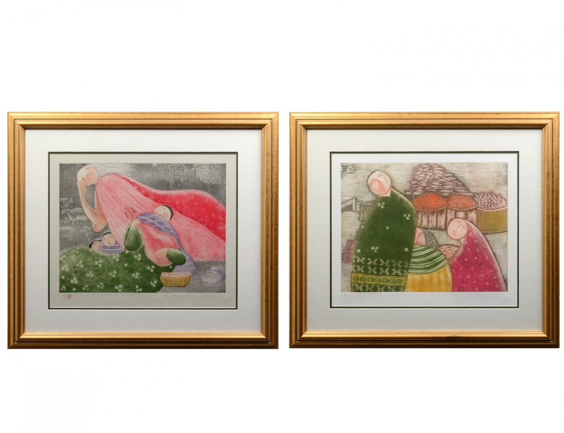 ENG TAY (Malaysian. Born 1947): "Fish Market" and "Time". Both signed, titled, dated '87 and '88, and numbered from the edition of 175. Both have red seal stamp. Two Color Etchings. Sight measuring 18 1/2" by 22". Has margins. Gilde