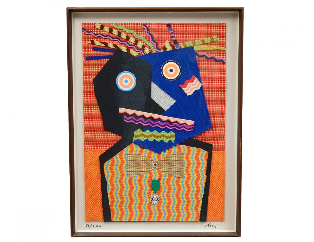 ENRICO BAJ (Italian. 1924-2003): â€œThe Generalâ€. Signed l/r and numbered 72/200. Fiber Collage. Measuring 27" by 19". Framed under Plexiglas. (Cond: good) (200/300)