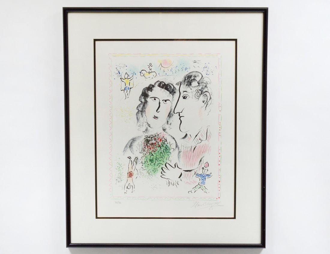MARC CHAGALL (French/Russian. 1887-1985): "Engagement at the Circus M1016". Signed l/r and numbered 35/50. Lithograph. Image measuring 18" by 14". Sheet measuring 26" by 18 3/4". Framed under glass. (Cond: good, light toning) (1500/2000)