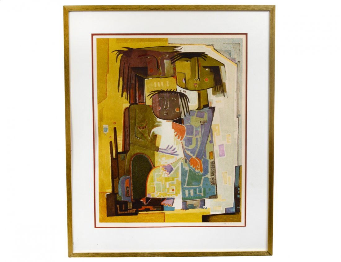 ANGEL BOTELLO (Puerto Rican. 1913-1986): "Untitled". Signed in pencil l/r. Lithograph. Measuring 28" by 22 1/4". Framed under Plexiglas. (Cond: good) (600/800)