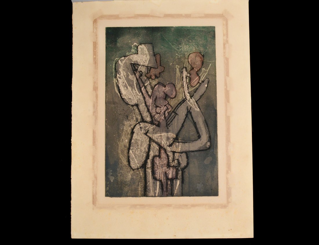 ROBERTO MATTA (Chilean. 1911-2002): "Unititled". Signed in pencil l/r. Lithograph. Image measuring 21" by 13 1/2". Sheet measuring 30" by 33 1/4". Framed under glass. (Cond: has heavy toning with tape transfer marks, will need cleaning)