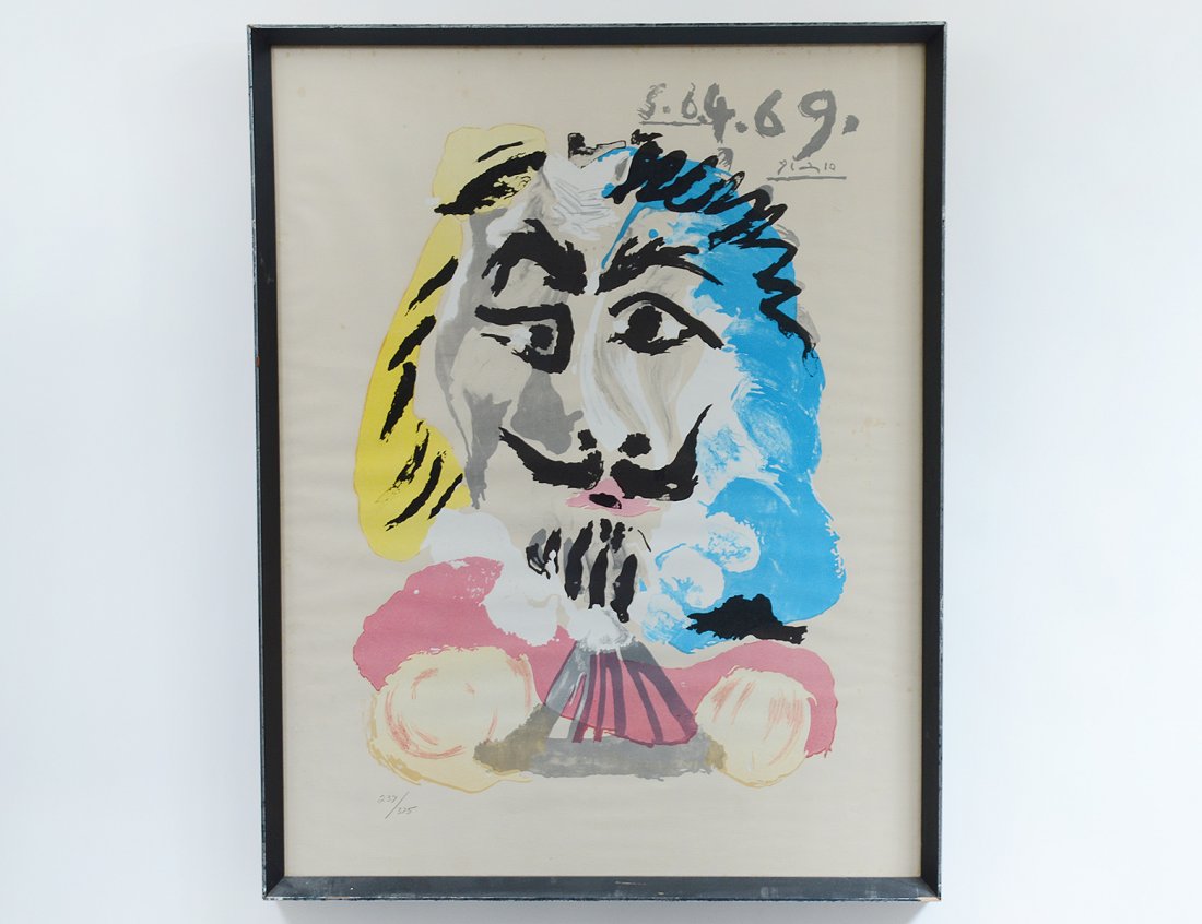 PABLO PICASSO (Spanish. 1881-1973): "Untitled". From the Imaginary Portrait Suite. Signed and dated 4.6/5.6.69 in the plate u/r and numbered in pencil 237/375. Color Lithograph. Measuring 25 1/2" by 20". Framed under glass. (Cond: minor