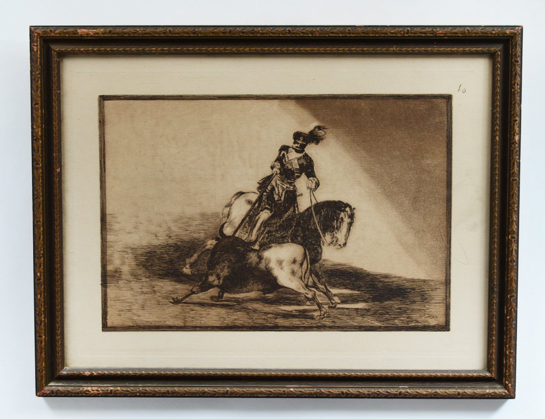 FRANCISCO JOSE DE GOYA y LUCIENTES (Spanish/French.: "Charles V Spearing a Bull in the Ring at Valladolid". Plate 10 from â€œThe Art of Bullfightingâ€ published in 1816. Etching. Measuring 9 1/2" by 14". Framed under glass. (Cond: good) (100/150)