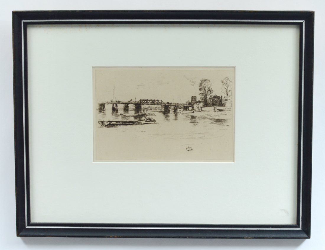 JAMES McNEILL WHISTLER (American. 1834-1903): "Fulham (Chelsea)". Signed in plate with butterfly monogram l/r. Etching on Heavy Machine Made Paper in Brown Ink. Measuring 5" by 8". Printed by G. Vertue Ltd, London. Framed under glass. (Cond: good