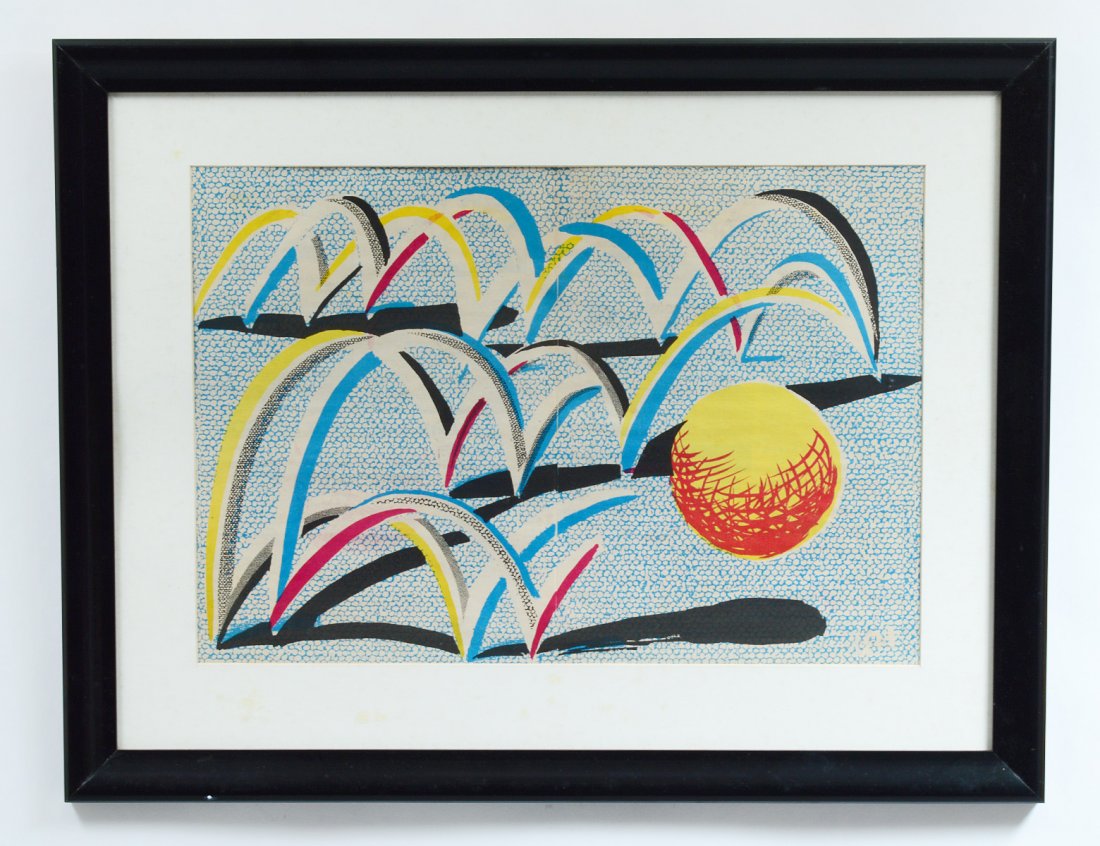 DAVID HOCKNEY (English. Born 1937): "A Bounce for Bradford". Initialed l/r and dated 1987. Color Lithograph. Measuring 15" by 22". Framed under glass. (Cond: good) (200/250)