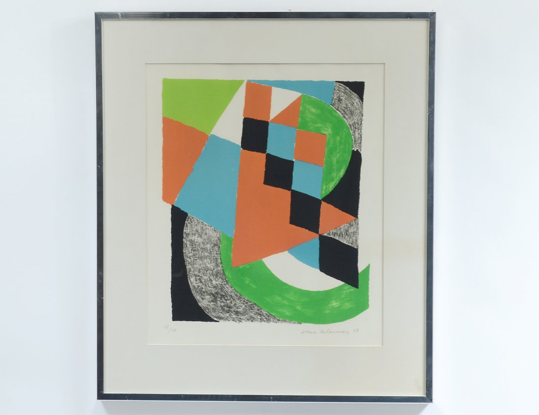 SONIA TERK DELAUNAY (French. 1885-1979): "Untitled". Signed and dated â€™68 l/r and numbered 68/100. Color Lithograph. Measuring 17" by 14". Framed under glass. (Cond: good) (300/500)