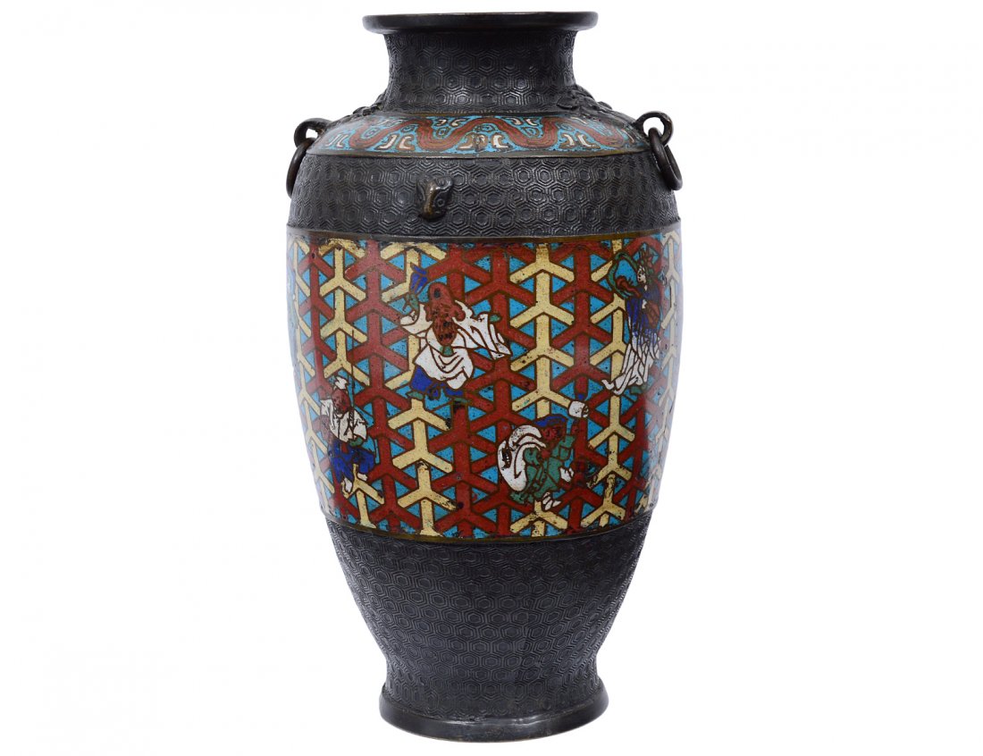 PATINATED BRONZE AND CHAMPLEVE ENAMEL VASE: Japanese. 20th Century. With ring handles. Height 11 5/8". (200/300)