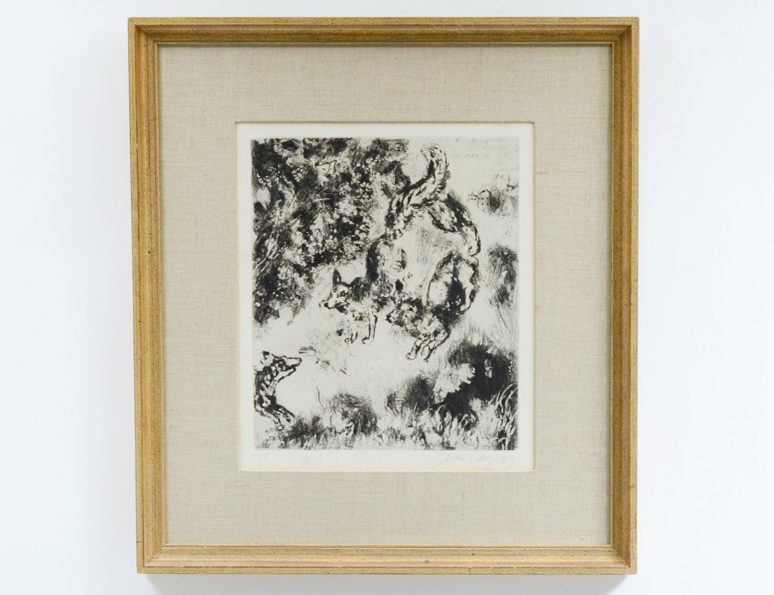 MARC CHAGALL (French. 1887-1985): "Le Renard Ayant la Queue Coupee" from "Les Fables de la Fontaine". 1927-1930. Signed in pencil l/r and numbered 55. Etching. Measuring 11" by 9 1/2". Framed under glass. (Cond: good) (600/800)