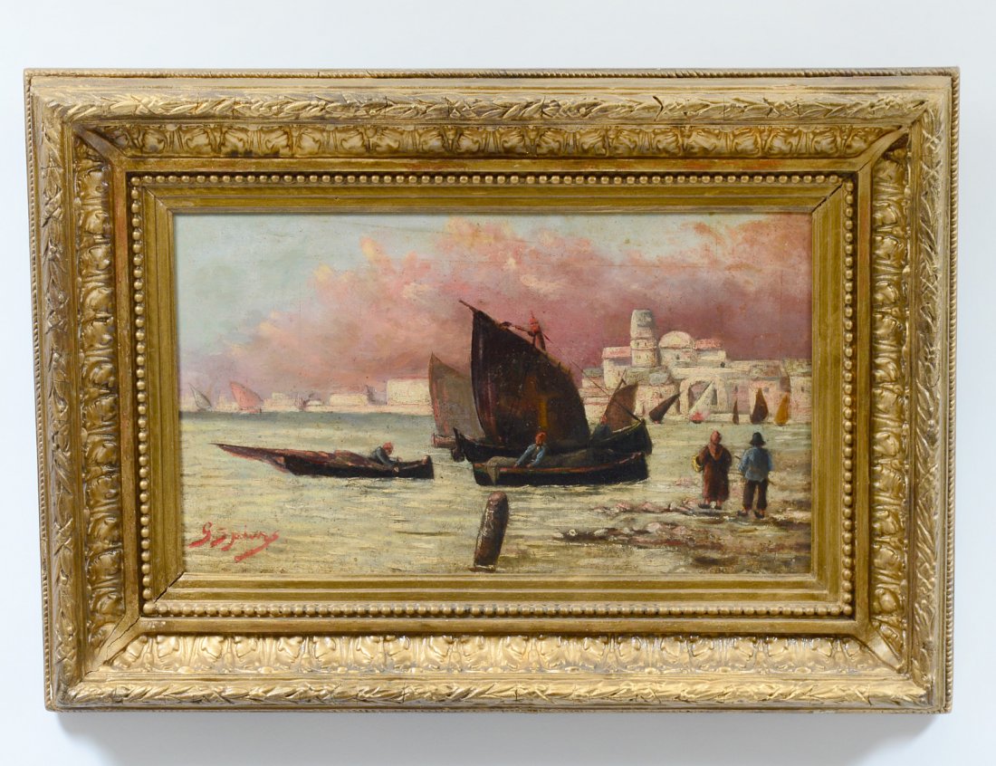 CONTINENTAL SCHOOL (Late 19th Century): "Ottoman Boats on Canal". Indistinguishable signature l/l. Oil on Canvas. Measuring 10" by 18". Framed. (Cond: yellowing to varnish, some soiling and crazing) (400/600)