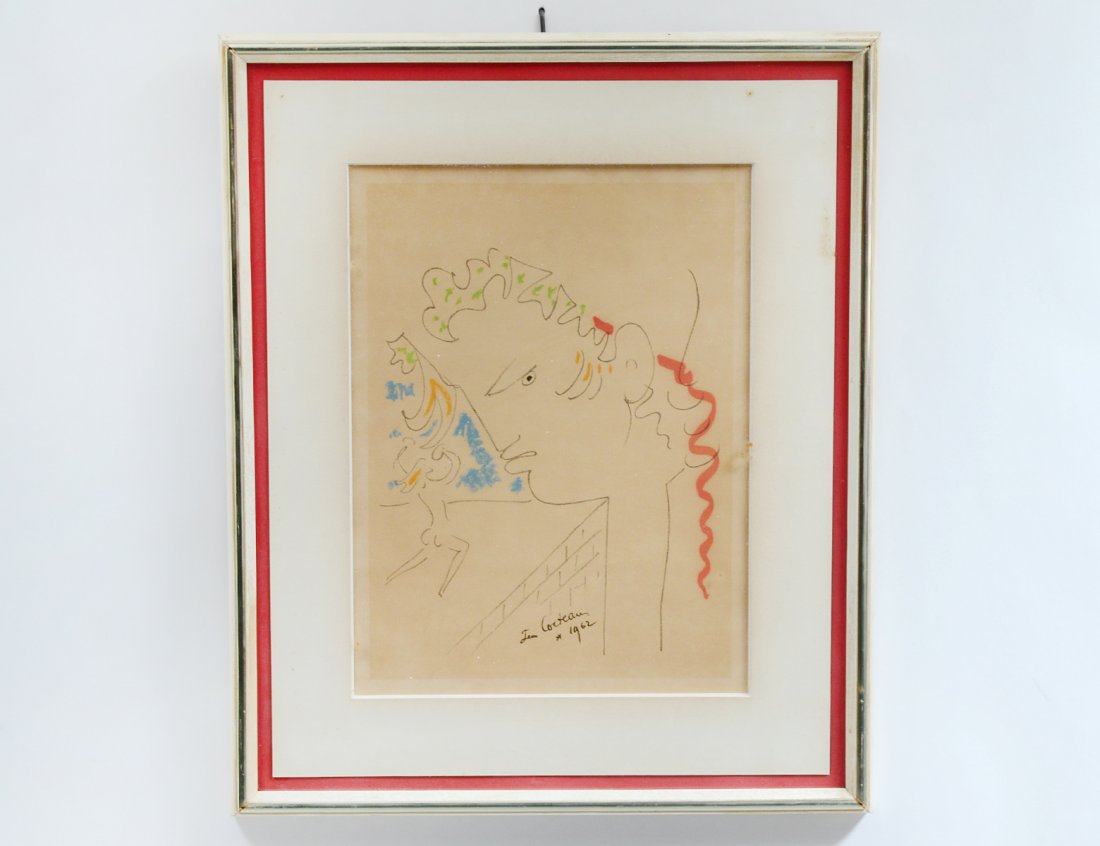 JEAN COCTEAU (French. 1889-1963): "Untitled". Signed and dated 1962 l/c. Color Lithograph. Measuring 14 1/2" by 10 1/2". Framed under glass. (Cond: good) (150/200)