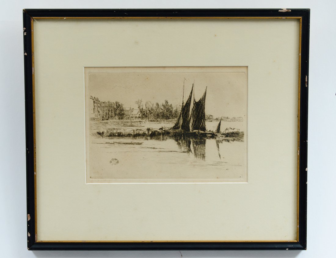 JAMES McNEILL WHISTLER (American. 1834-1903): "Hurlinghan (K.181)". Butterfly monogram in the plate l/l. Etching. Measuring 5 1/2" by 8". Framed under glass. (Cond: some minor spotting) (700/900)