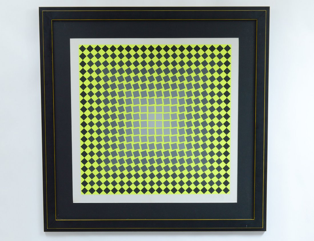 VICTOR VASARELY (Hungarian. 1906-1997): Untitled. Signed in pencil l/r and numbered 147/250. Color serigraph. Measuring 23 1/2" by 23 1/2". Framed under glass. (Cond: good) (500/700)