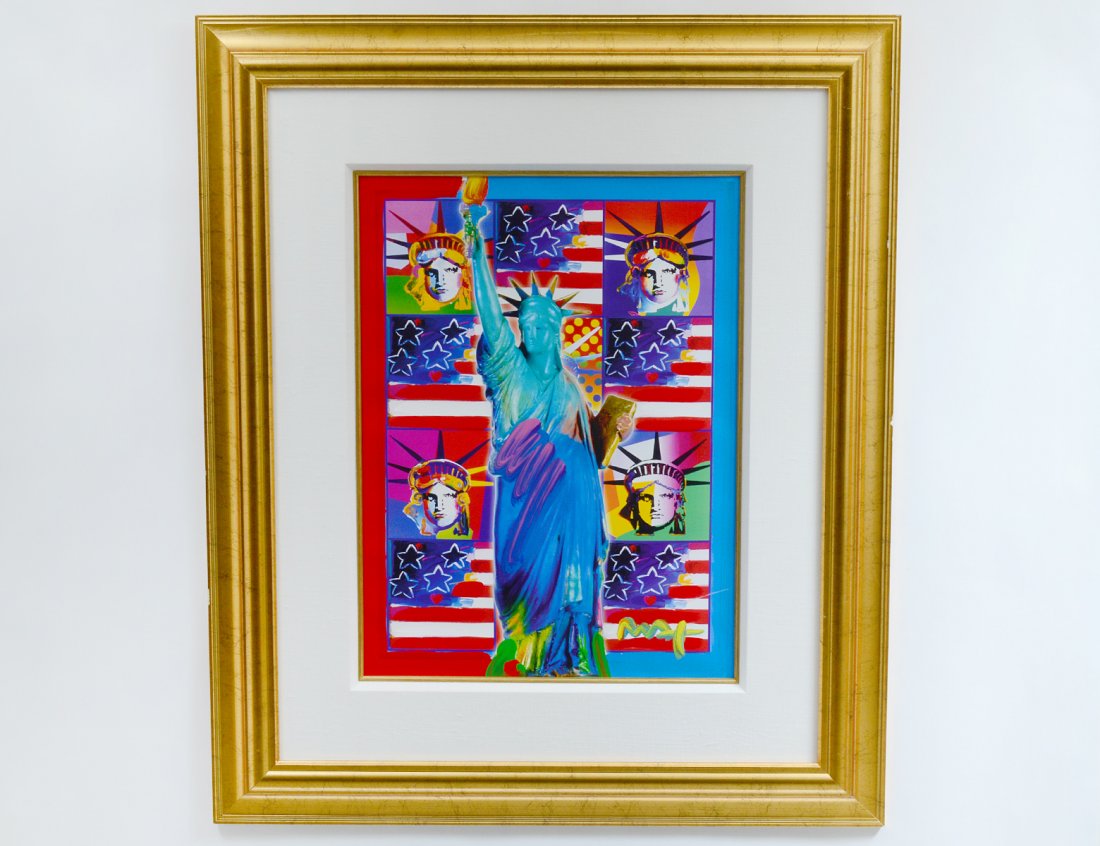PETER MAX (American. Born 1937): "God Bless America III- With 5 Liberties". Signed l/r and dated 2005. Mixed Media with Acrylic Painring and Color Lithograph on Paper. Measuring 24" by 18". Framed under Plexiglas. (Cond: slight scrat