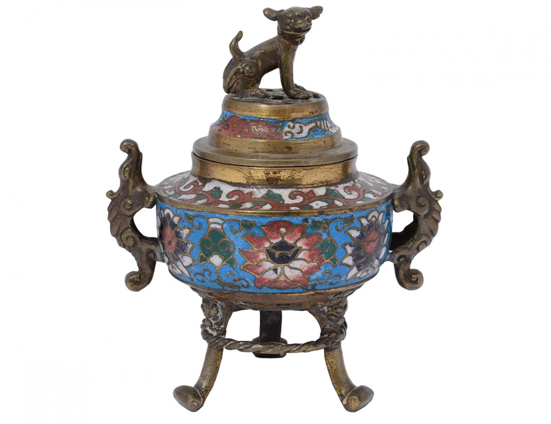 BRONZE AND CHAMPLEVE ENAMEL CENSER: Japanese. 20th Century. With archaic animal finial. Height 7 1/8". (150/200)